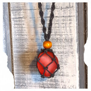 Amberina Art Glass Handmade Tumbled Pendant Necklace Black Braided Cord J2426